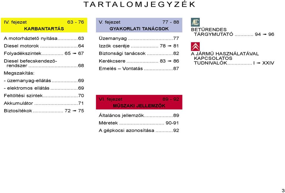 fejezet 77-88 GYAKORLATI TANÁCSOK Üzemanyag...77 Izzók cseréje... 78 81 Biztonsági tanácsok...82 Kerékcsere... 83 86 Emelés Vontatás...87 VI.