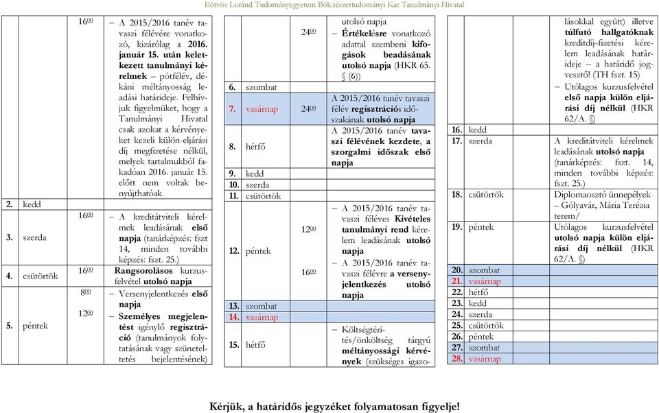 A kreditátviteli kérelmek leadásának első (tanárképzés: fszt 14, minden további képzés: fszt. 25.