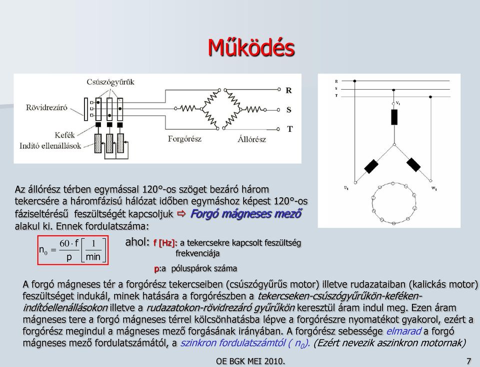 rudazataiban (kalickás motor) feszültséget indukál, minek hatására a forgórészben a tekercseken-csúszógyűrűkön-kefékenindítóellenállásokon illetve a rudazatokon-rövidrezáró gyűrűkön keresztül áram