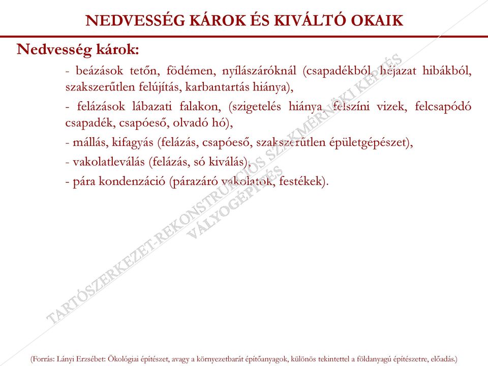 hiánya, felszíni vizek, felcsapódó csapadék, csapóeső, olvadó hó), - mállás, kifagyás (felázás, csapóeső,