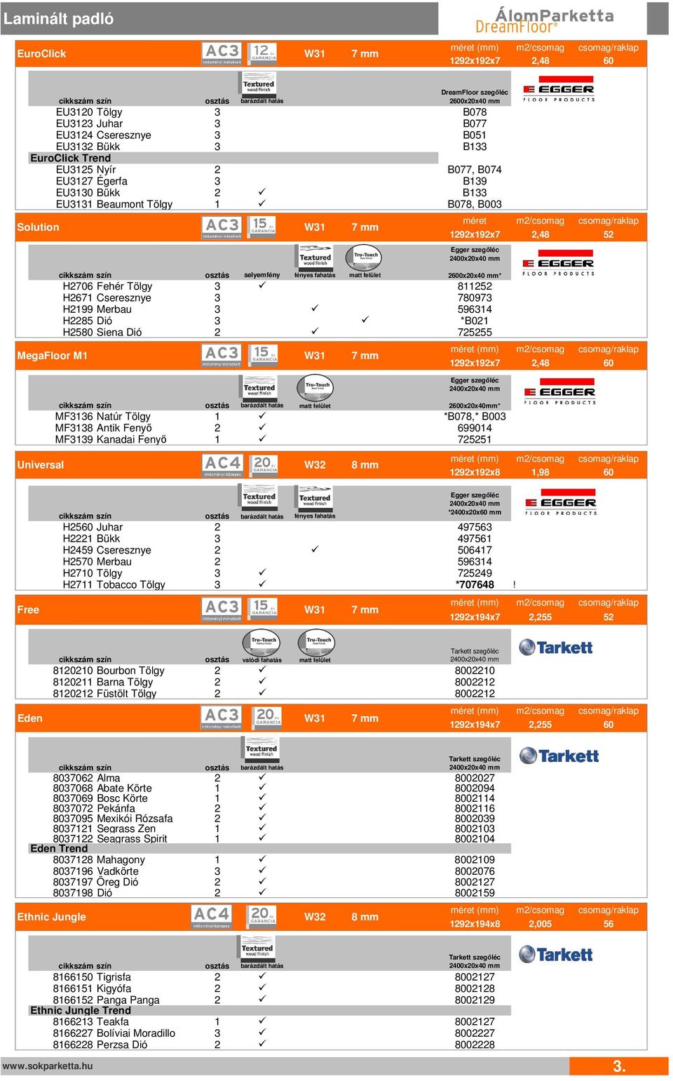 fahatás matt felület méret m2/csomag csomag/raklap 1292x192x7 2,48 52 2600x20x40 mm* H2706 Fehér Tölgy 3 811252 H2671 Cseresznye 3 780973 H2199 Merbau 3 596314 H2285 Dió 3 *B021 H2580 Siena Dió 2