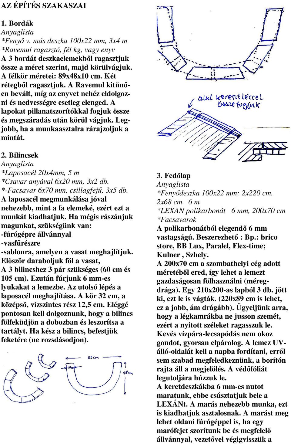 A lapokat pillanatszorítókkal fogjuk össze és megszáradás után körül vágjuk. Legjobb, ha a munkaasztalra rárajzoljuk a mintát. 2. Bilincsek *Laposacél 20x4mm, 5 m *Csavar anyával 6x20 mm, 3x2 db.