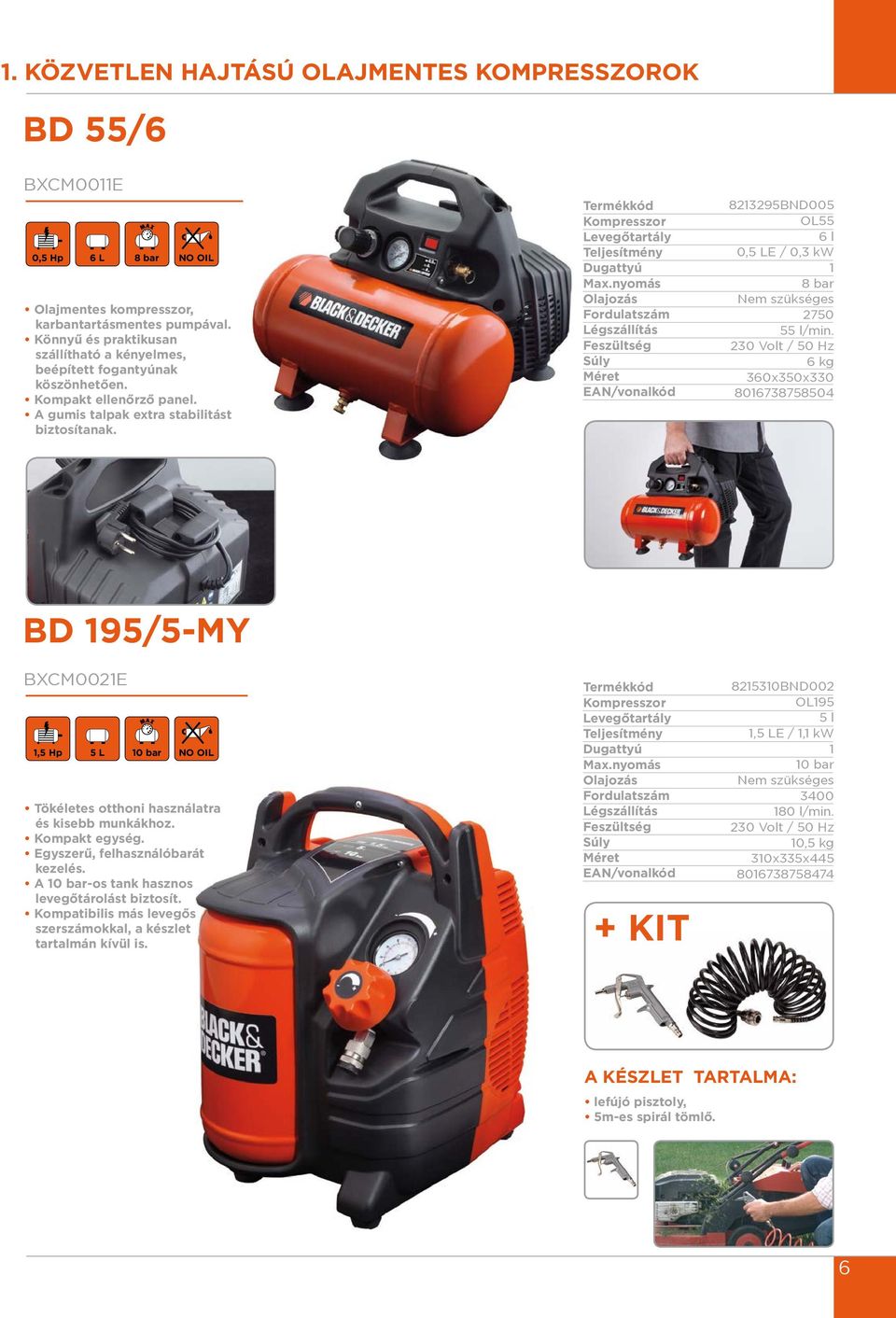 823295BND005 OL55 6 l 0,5 LE / 0,3 kw Nem szükséges 2750 55 l/min. 6 kg 360x350x330 806738758504 BD 95/5-MY BXCM002E,5 Hp 5 L NO OIL Tökéletes otthoni használatra és kisebb munkákhoz. Kompakt egység.