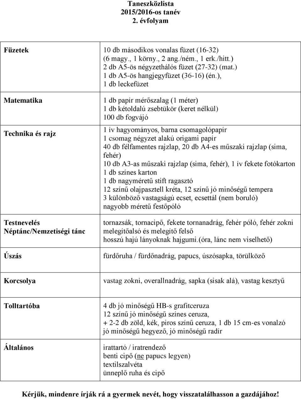 ), 1 db leckefüzet Technika és rajz Néptánc/Nemzetiségi tánc Úszás 1 db papír mérőszalag (1 méter) 1 db kétoldalú zsebtükör (keret nélkül) 100 db fogvájó 1 ív hagyományos, barna csomagolópapír 1
