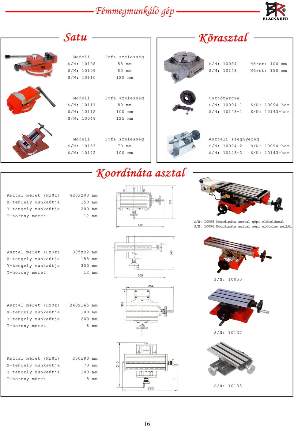 szegnyereg 12 mm 10095 Koordináta asztal gépi előtolással 10096 Koordináta asztal gépi előtolás nélkül Asztal méret (HxSz) 385x92 mm X-tengely munkaútja 158 mm Y-tengely munkaútja 300 mm 12 mm