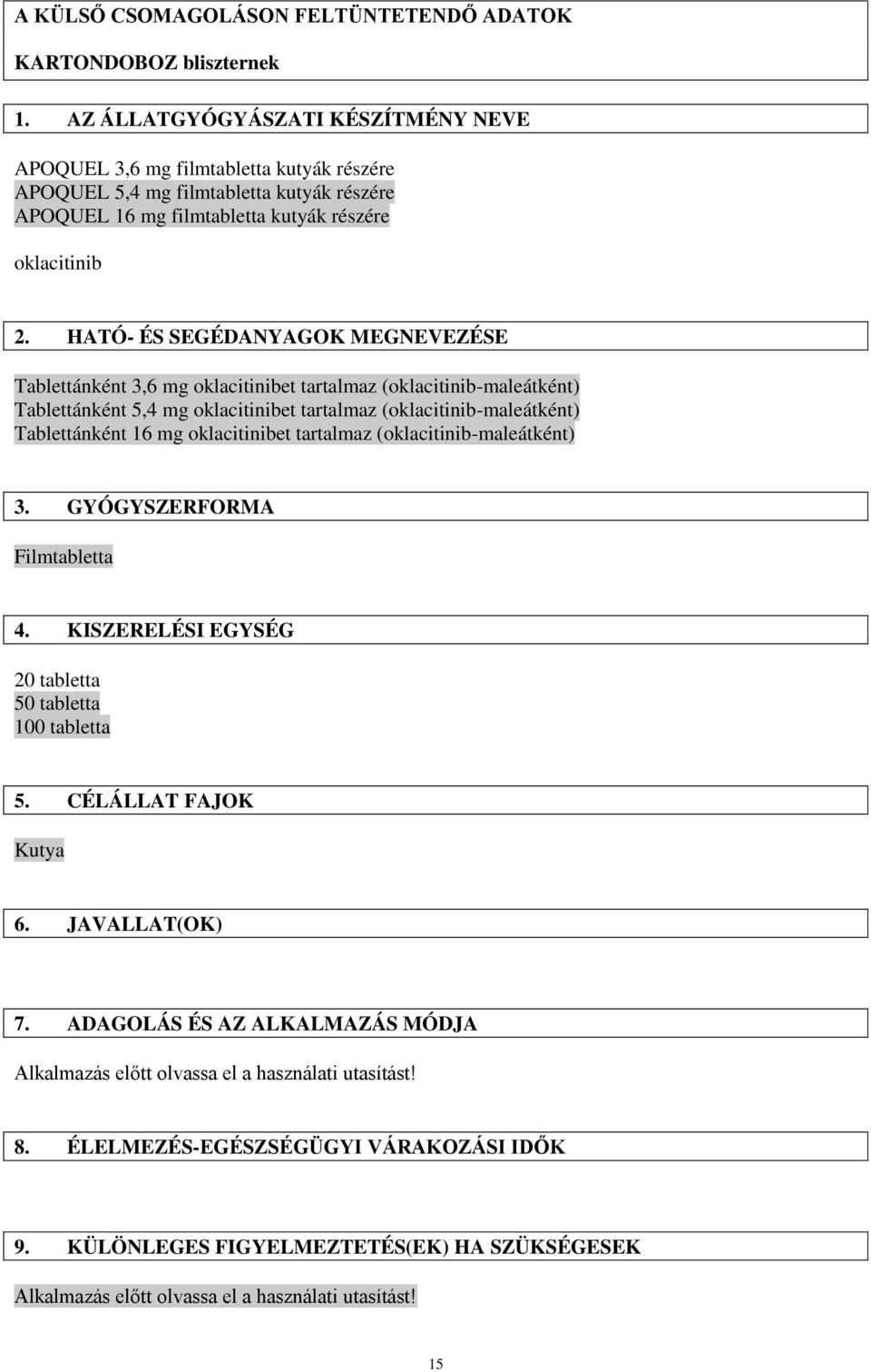 HATÓ- ÉS SEGÉDANYAGOK MEGNEVEZÉSE Tablettánként 3,6 mg oklacitinibet tartalmaz (oklacitinib-maleátként) Tablettánként 5,4 mg oklacitinibet tartalmaz (oklacitinib-maleátként) Tablettánként 16 mg