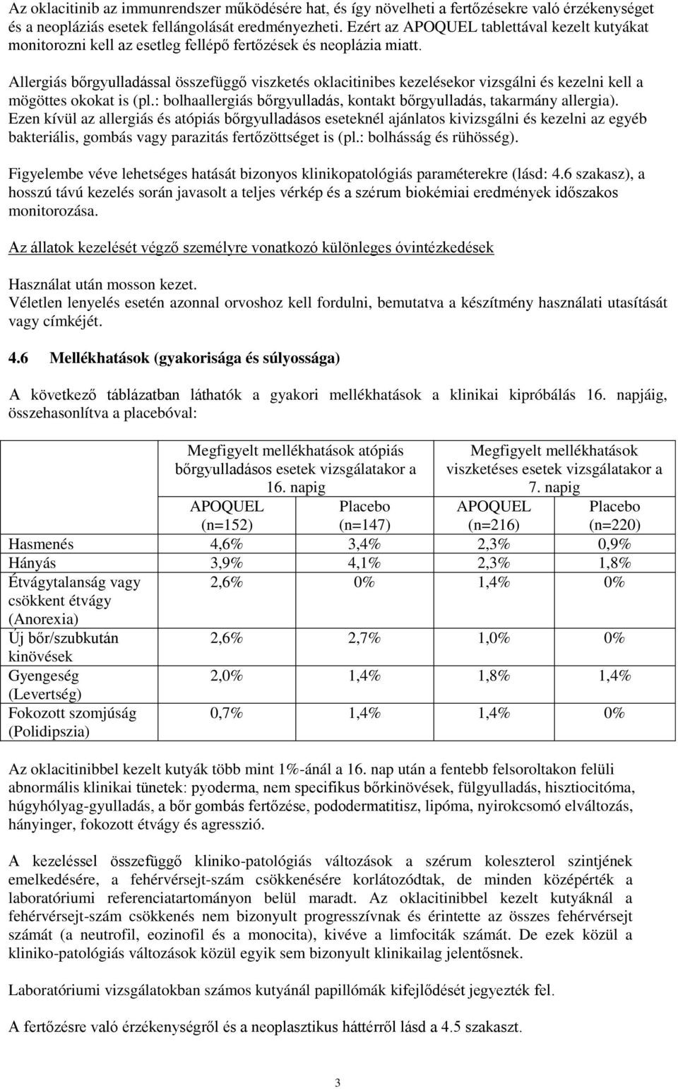 Allergiás bőrgyulladással összefüggő viszketés oklacitinibes kezelésekor vizsgálni és kezelni kell a mögöttes okokat is (pl.: bolhaallergiás bőrgyulladás, kontakt bőrgyulladás, takarmány allergia).