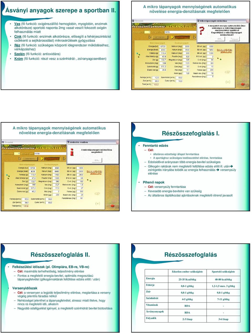 fokozott oxigén felhasználás miatt Cink (fő funkció: enzimek alkotórésze, elősegíti a fehérjeszintézist csökkenti a sejtkárosodást) mikrosérülések gyógyulása Réz (fő funkció: szükséges központi