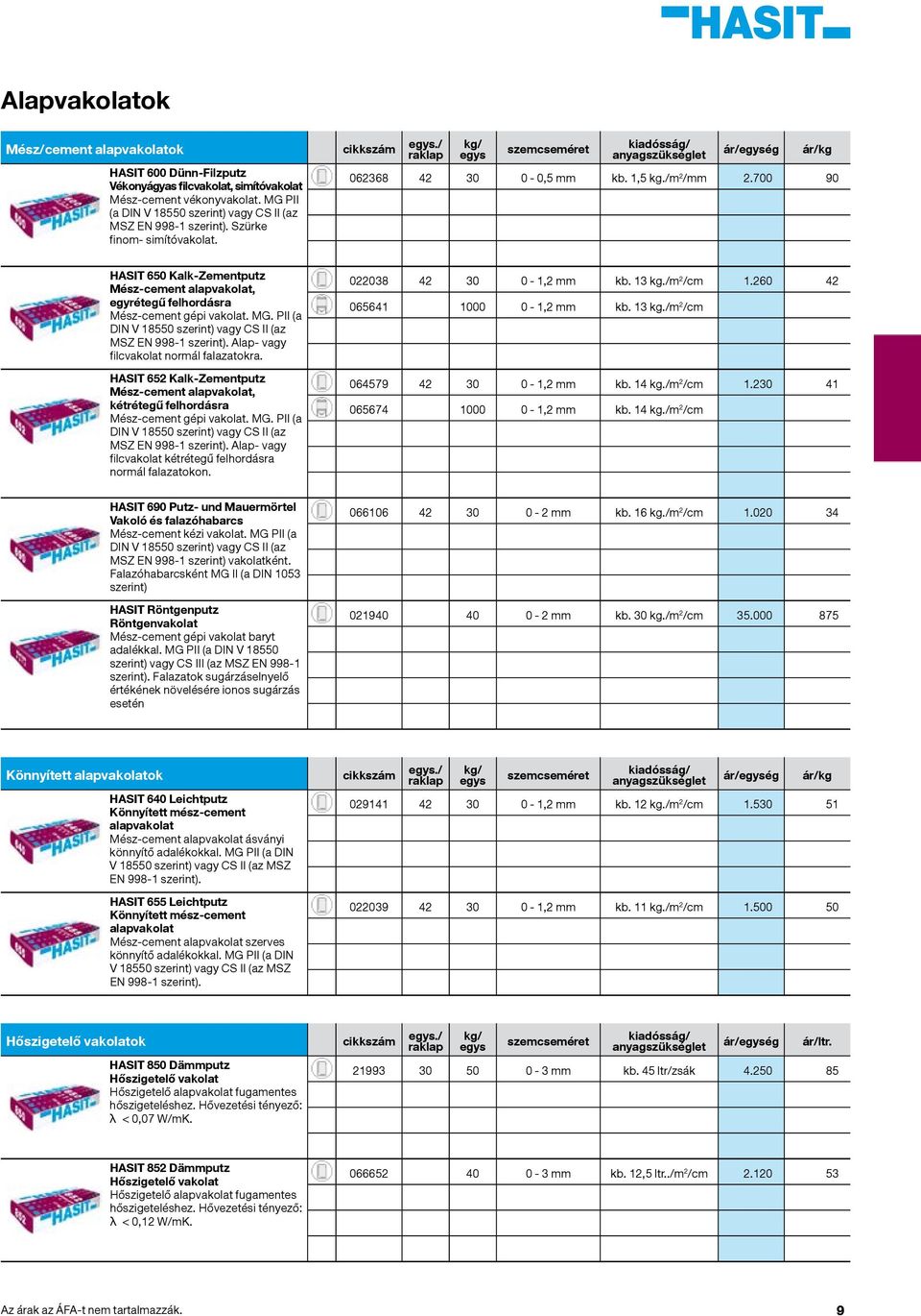 700 90 HASIT 650 Kalk-Zementputz Mész-cement alapvakolat, egyrétegű felhordásra Mész-cement gépi vakolat. MG. PII (a DIN V 18550 szerint) vagy CS II (az MSZ EN 998-1 szerint).