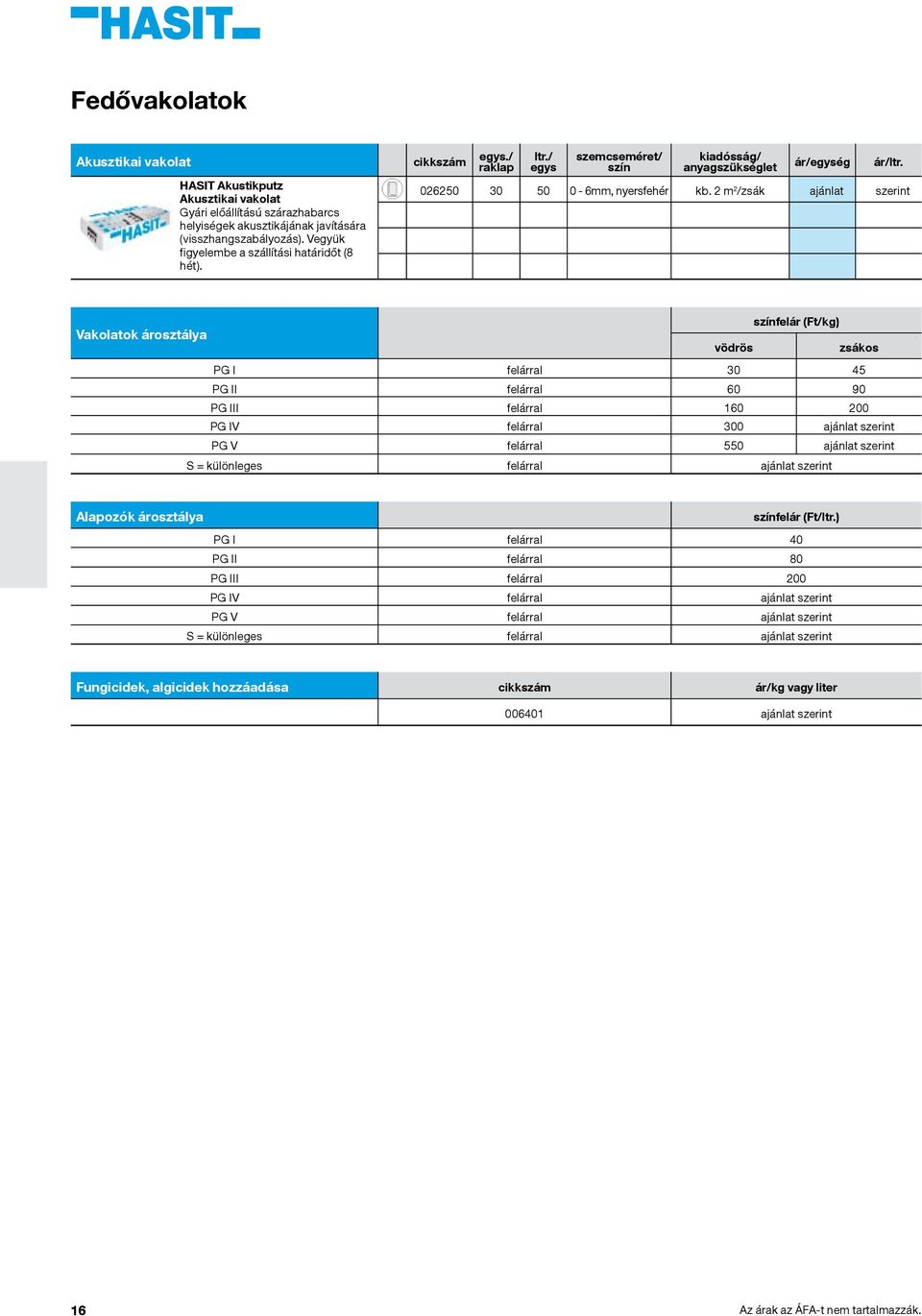 2 m 2 /zsák ajánlat szerint HASIT színfelár (Ft/kg) Vakolatok árosztálya vödrös zsákos PG I felárral 30 45 PG II felárral 60 90 PG III felárral 160 200 PG IV felárral 300 ajánlat szerint PG V