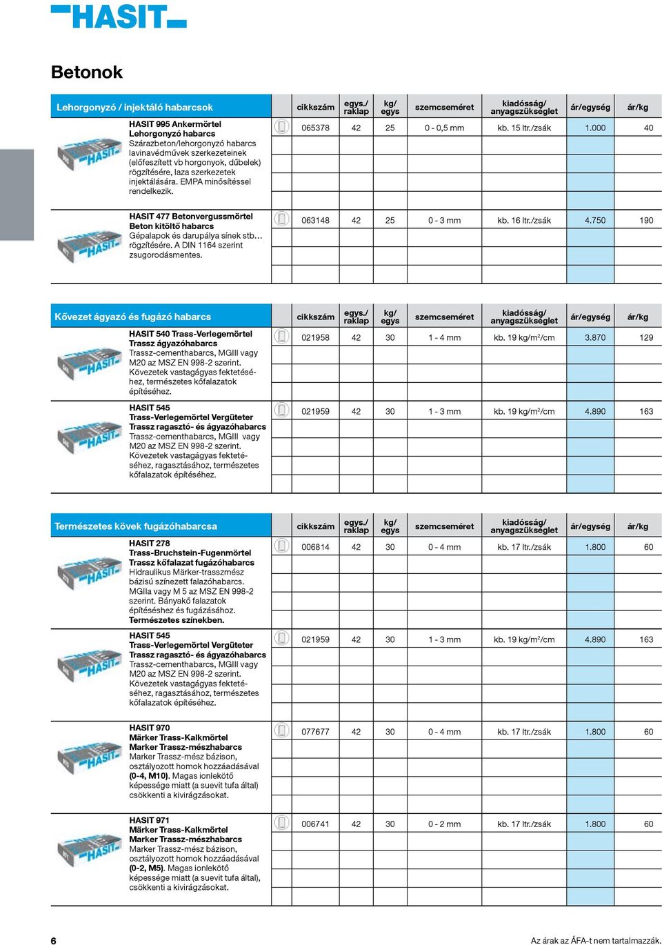 EMPA minősítéssel rendelkezik. szemcseméret ég 065378 42 25 0-0,5 mm kb. 15 zsák 1.000 40 HASIT 477 Betonvergussmörtel Beton kitöltő habarcs Gépalapok és darupálya sínek stb rögzítésére.