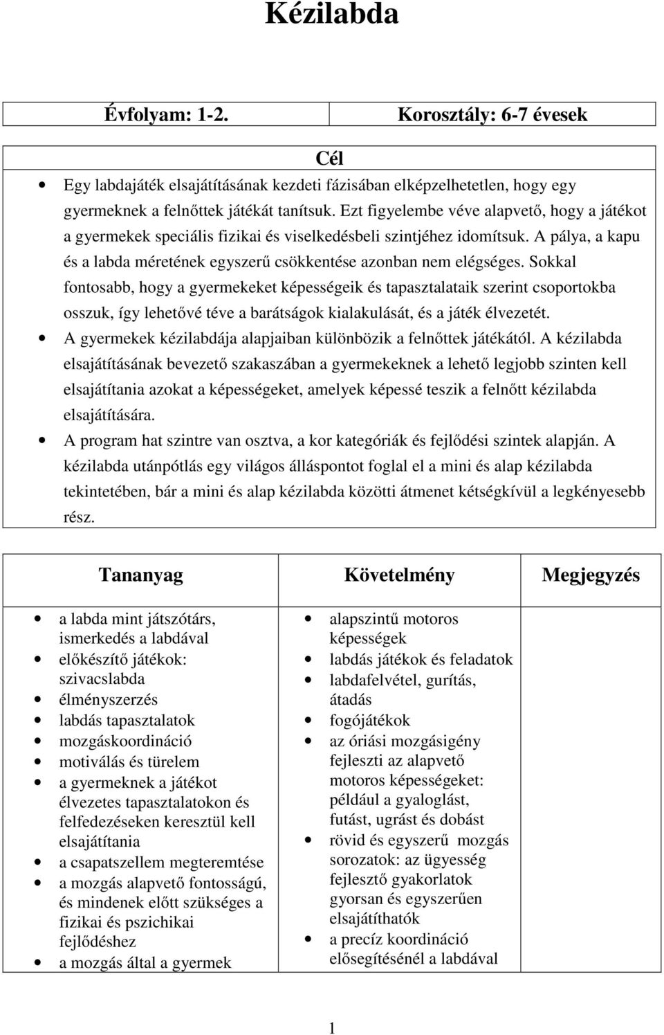 Kézilabda. Cél. Tananyag Követelmény Megjegyzés - PDF Ingyenes letöltés