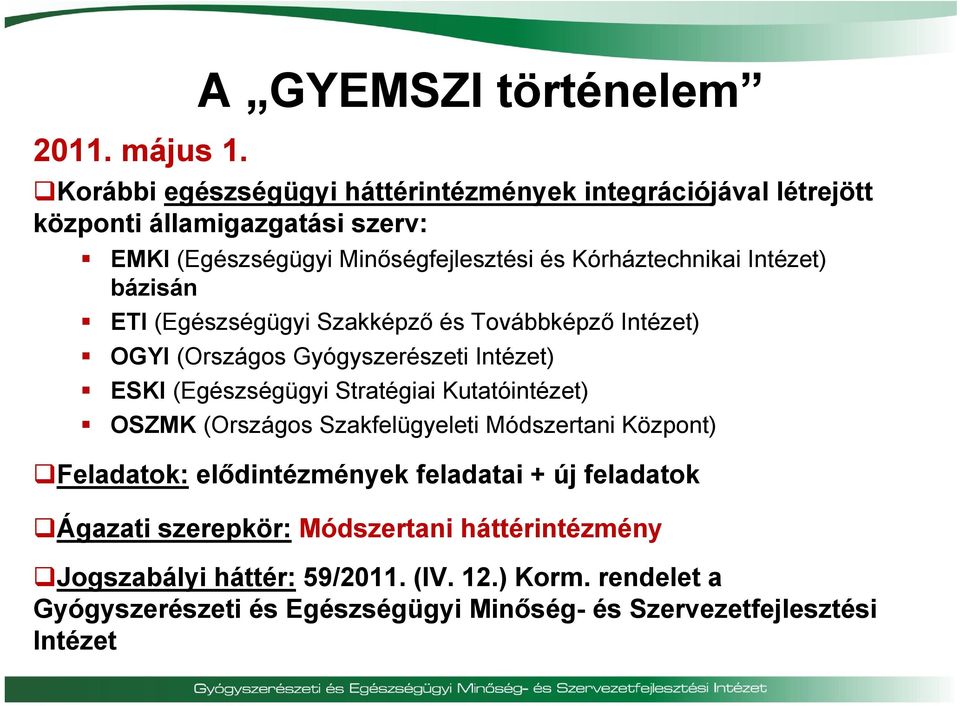 és Kórháztechnikai Intézet) bázisán ETI (Egészségügyi Szakképző és Továbbképző Intézet) OGYI (Országos Gyógyszerészeti Intézet) ESKI (Egészségügyi