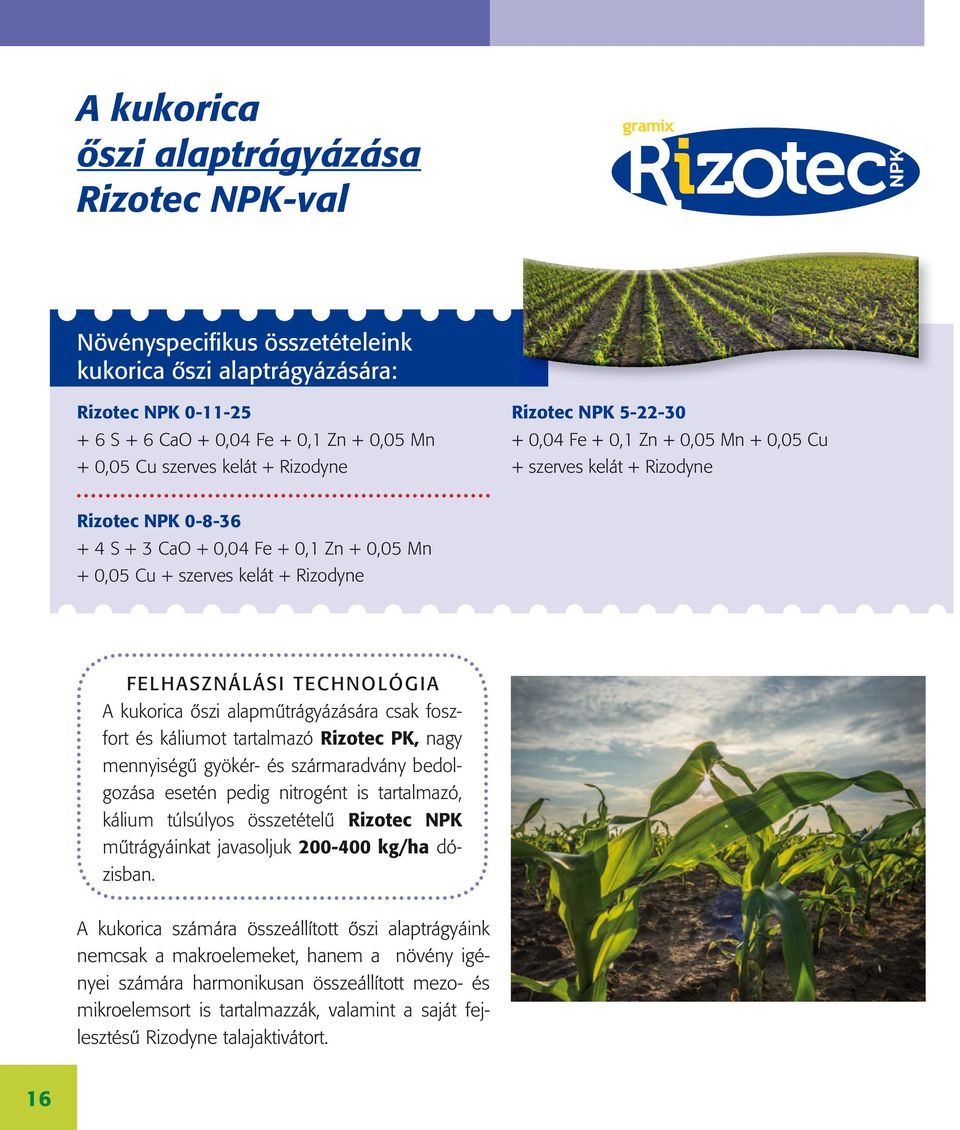 FelhaszNálási technológia A kukorica őszi alapműtrágyázására csak foszfort és káliumot tartalmazó Rizotec PK, nagy mennyiségű gyökér- és szármaradvány bedolgozása esetén pedig nitrogént is