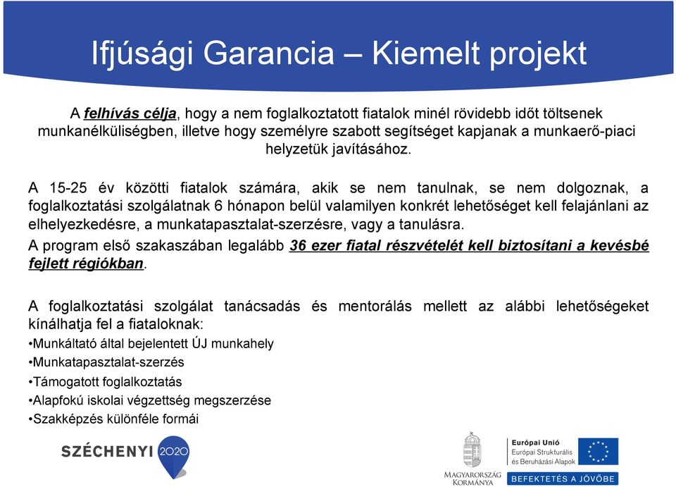 A 15-25 év közötti fiatalok számára, akik se nem tanulnak, se nem dolgoznak, a foglalkoztatási szolgálatnak 6 hónapon belül valamilyen konkrét lehetőséget kell felajánlani az elhelyezkedésre, a