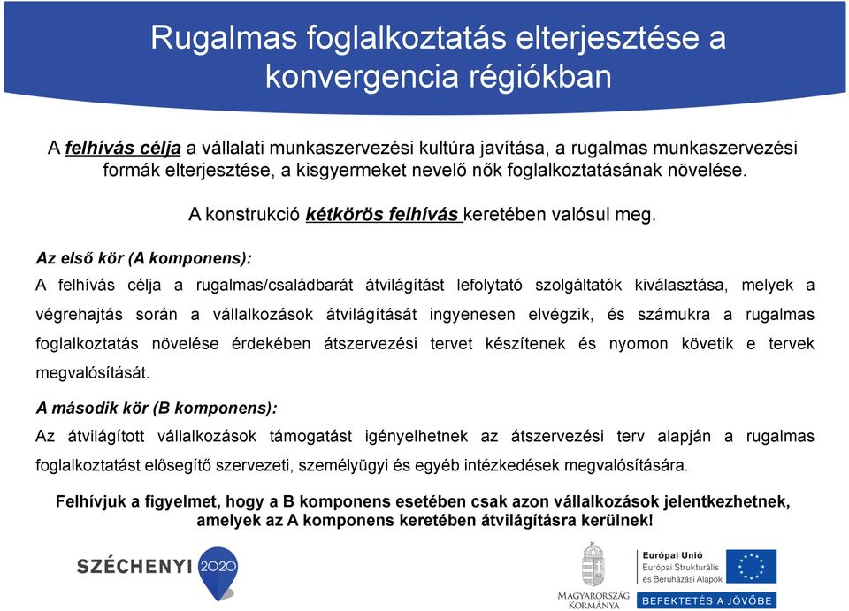 A felhívás célja a rugalmas/családbarát átvilágítást lefolytató szolgáltatók kiválasztása, melyek a végrehajtás során a vállalkozások átvilágítását ingyenesen elvégzik, és számukra a rugalmas