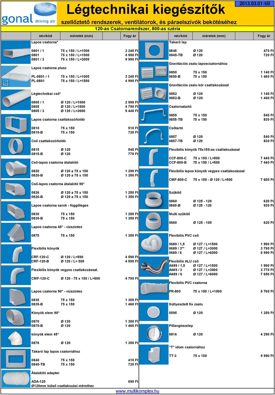 csatlakozással Légtechnikai cső* 0852 Ø 120 1 140 Ft 0852-B Ø 120 1 460 Ft 0805 / 1 Ø 120 / L=1000 2 990 Ft 0805 Ø 120 / L=1500 4 790 Ft Csatornatartó 0805 / 3 Ø 120 / L=3000 9 440 Ft 0855 75 x 150