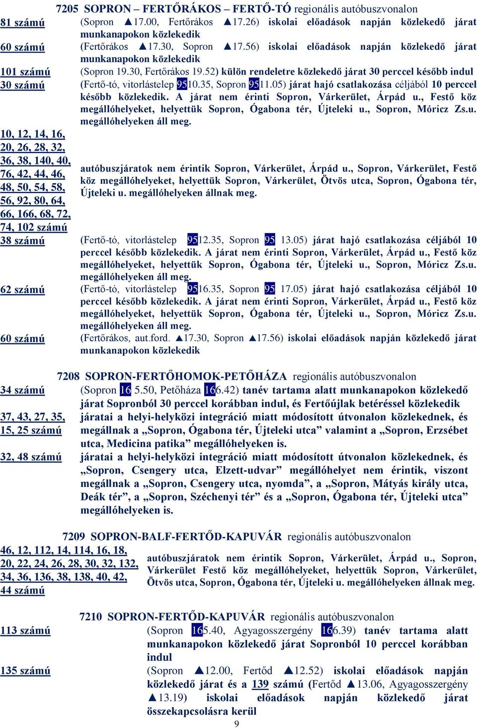 52) külön rendeletre közlekedő járat 30 perccel később indul 30 számú (Fertő-tó, vitorlástelep 9510.35, Sopron 9511.05) járat hajó csatlakozása céljából 10 perccel később közlekedik.