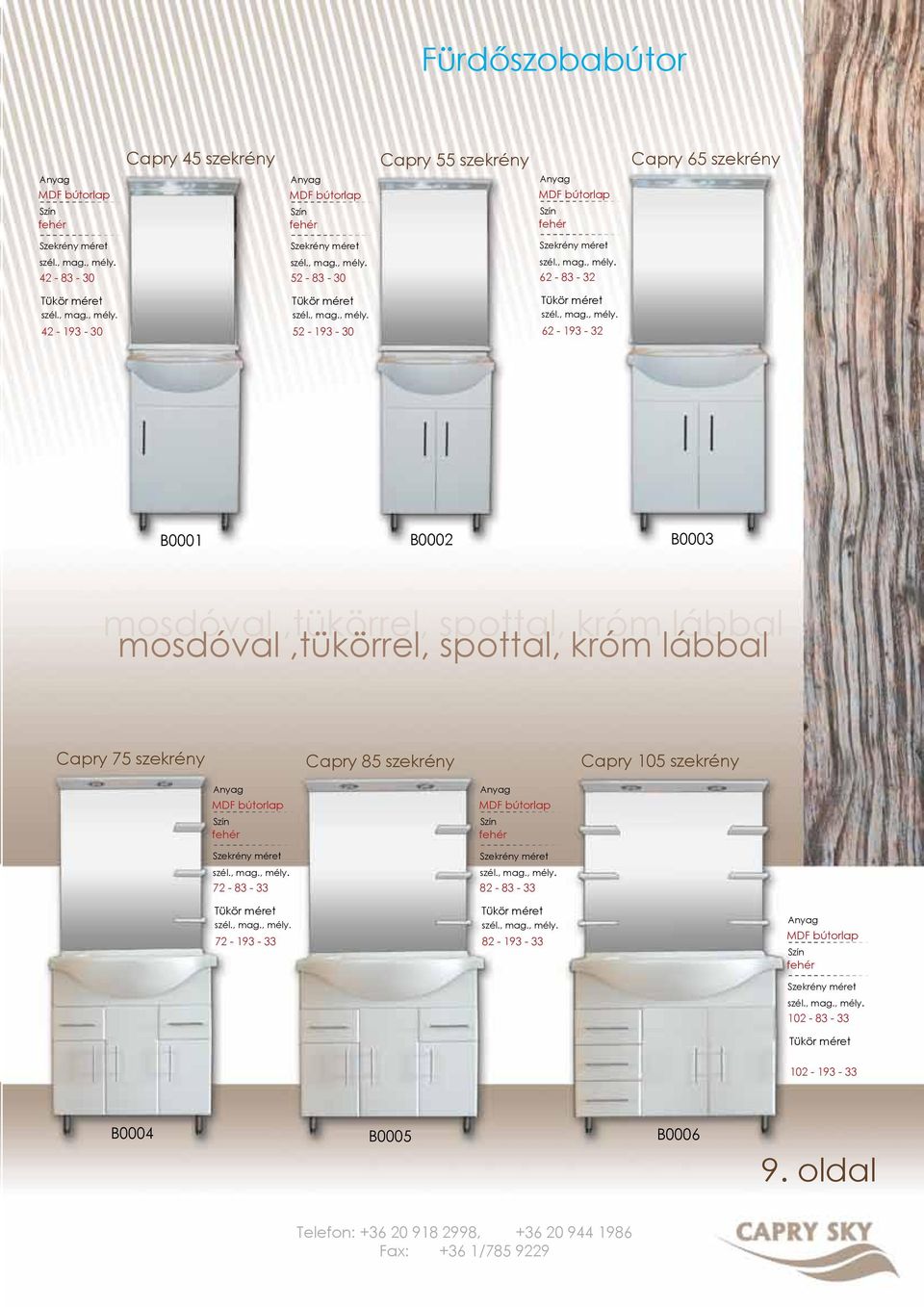 spottal, króm lábbal Capry 75 szekrény Capry 85 szekrény Capry 105 szekrény MDF 72-83 - 33 72-193 - 33 MDF 82-83 - 33