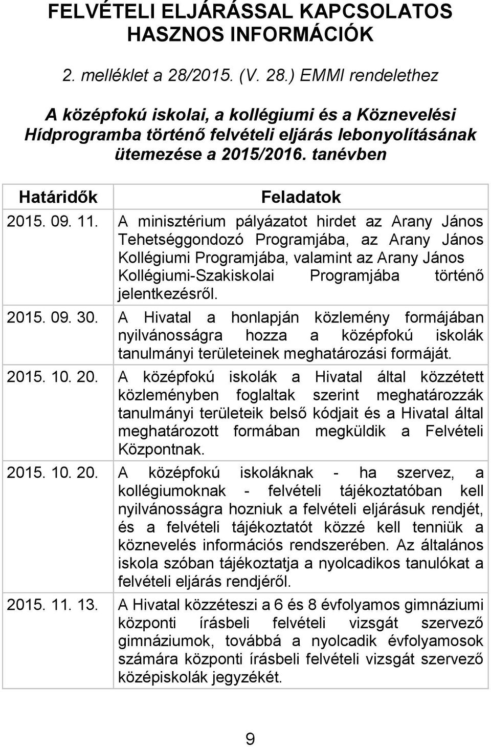 11. A minisztérium pályázatot hirdet az Arany János Tehetséggondozó Programjába, az Arany János Kollégiumi Programjába, valamint az Arany János Kollégiumi-Szakiskolai Programjába történő