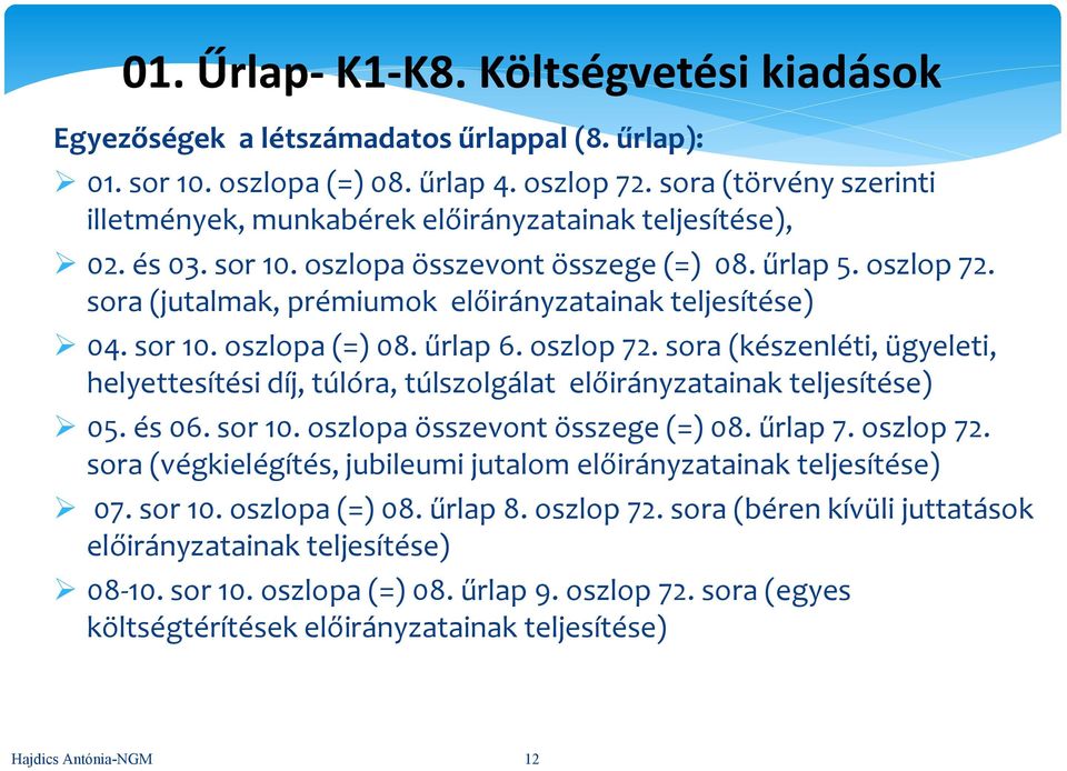 sora (jutalmak, prémiumok előirányzatainak teljesítése) 04. sor 10. oszlopa (=) 08. űrlap 6. oszlop 72.