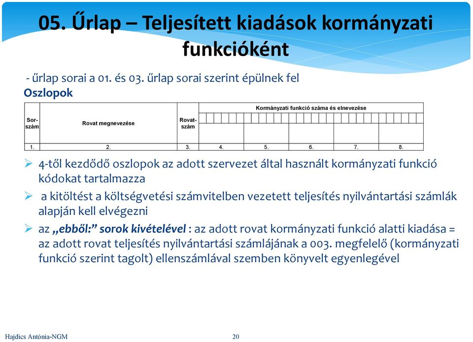 4-től kezdődő oszlopok az adott szervezet által használt kormányzati funkció kódokat tartalmazza a kitöltést a költségvetési számvitelben vezetett teljesítés