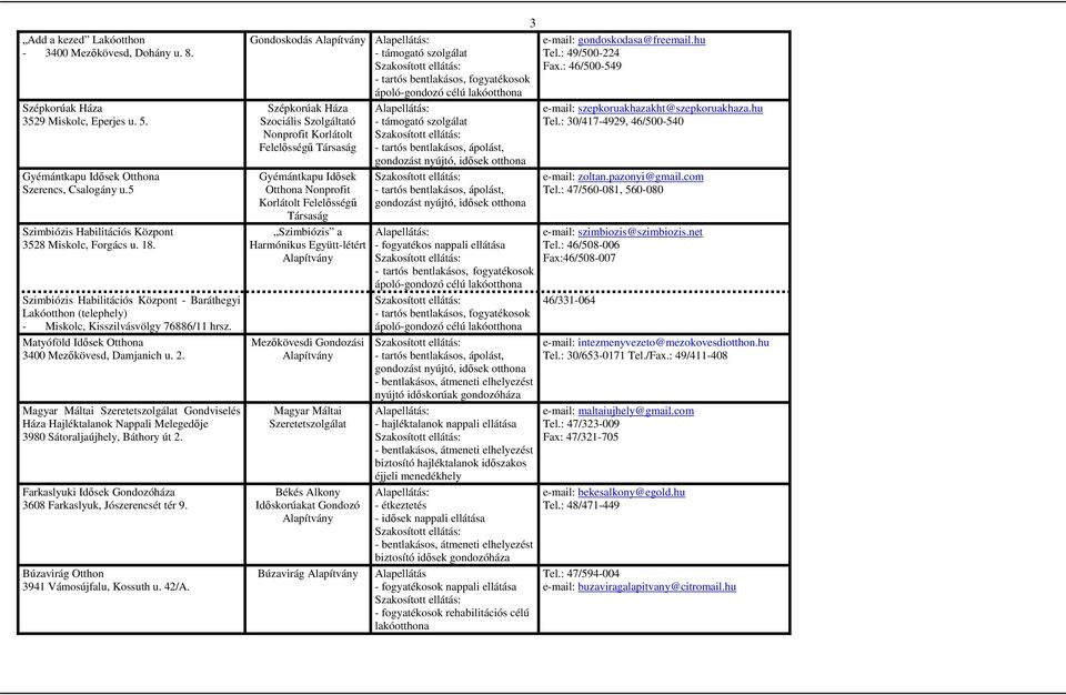 Matyóföld Idısek Otthona 3400 Mezıkövesd, Damjanich u. 2. Gondviselés Háza Hajléktalanok Nappali Melegedıje 3980 Sátoraljaújhely, Báthory út 2.