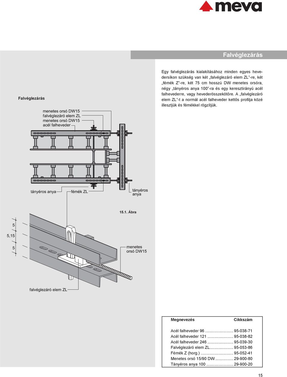A falvéglezáró elem ZL -t a normál acél falheveder kettős profilja közé illesztjük és fémékkel rögzítjük. 15.1. Ábra Megnevezés Cikkszám Acél falheveder 96.