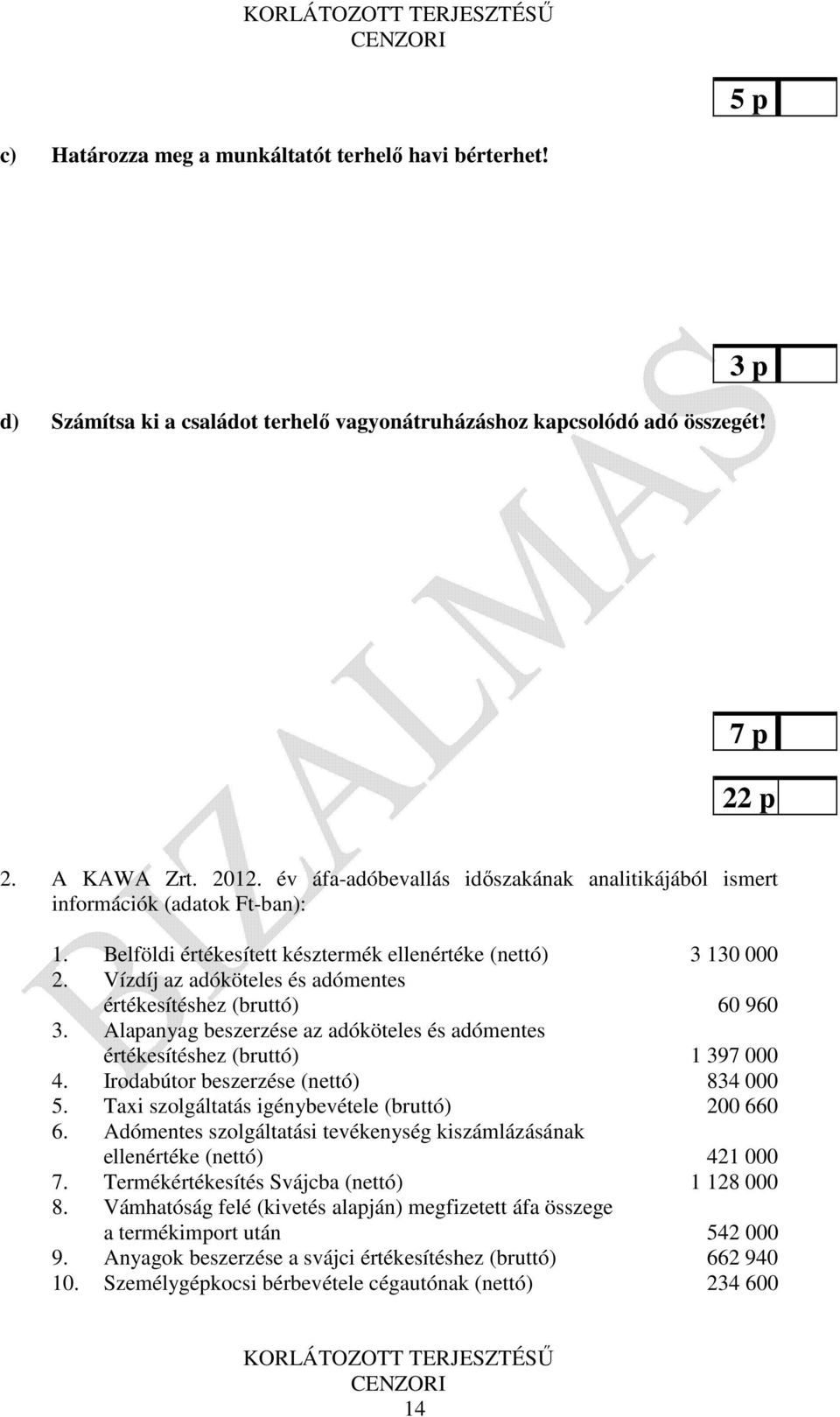 Vízdíj az adóköteles és adómentes értékesítéshez (bruttó) 60 960 3. Alapanyag beszerzése az adóköteles és adómentes értékesítéshez (bruttó) 1 397 000 4. Irodabútor beszerzése (nettó) 834 000 5.