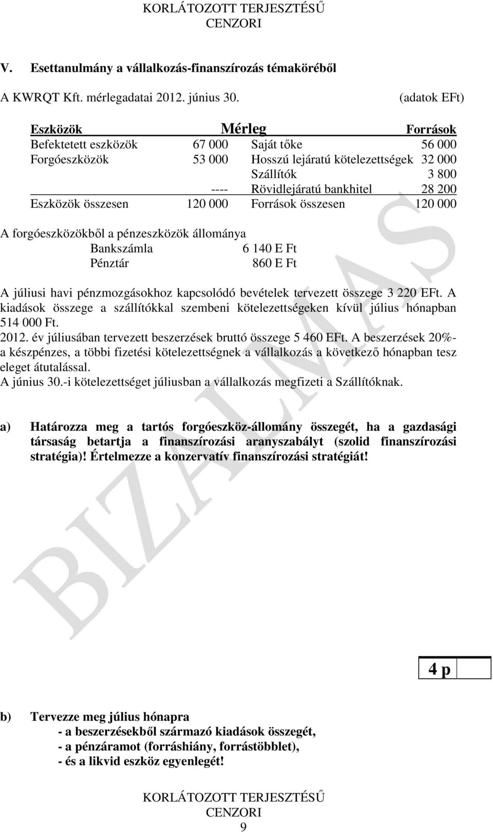 Eszközök összesen 120 000 Források összesen 120 000 A forgóeszközökből a pénzeszközök állománya Bankszámla 6 140 E Ft Pénztár 860 E Ft A júliusi havi pénzmozgásokhoz kapcsolódó bevételek tervezett