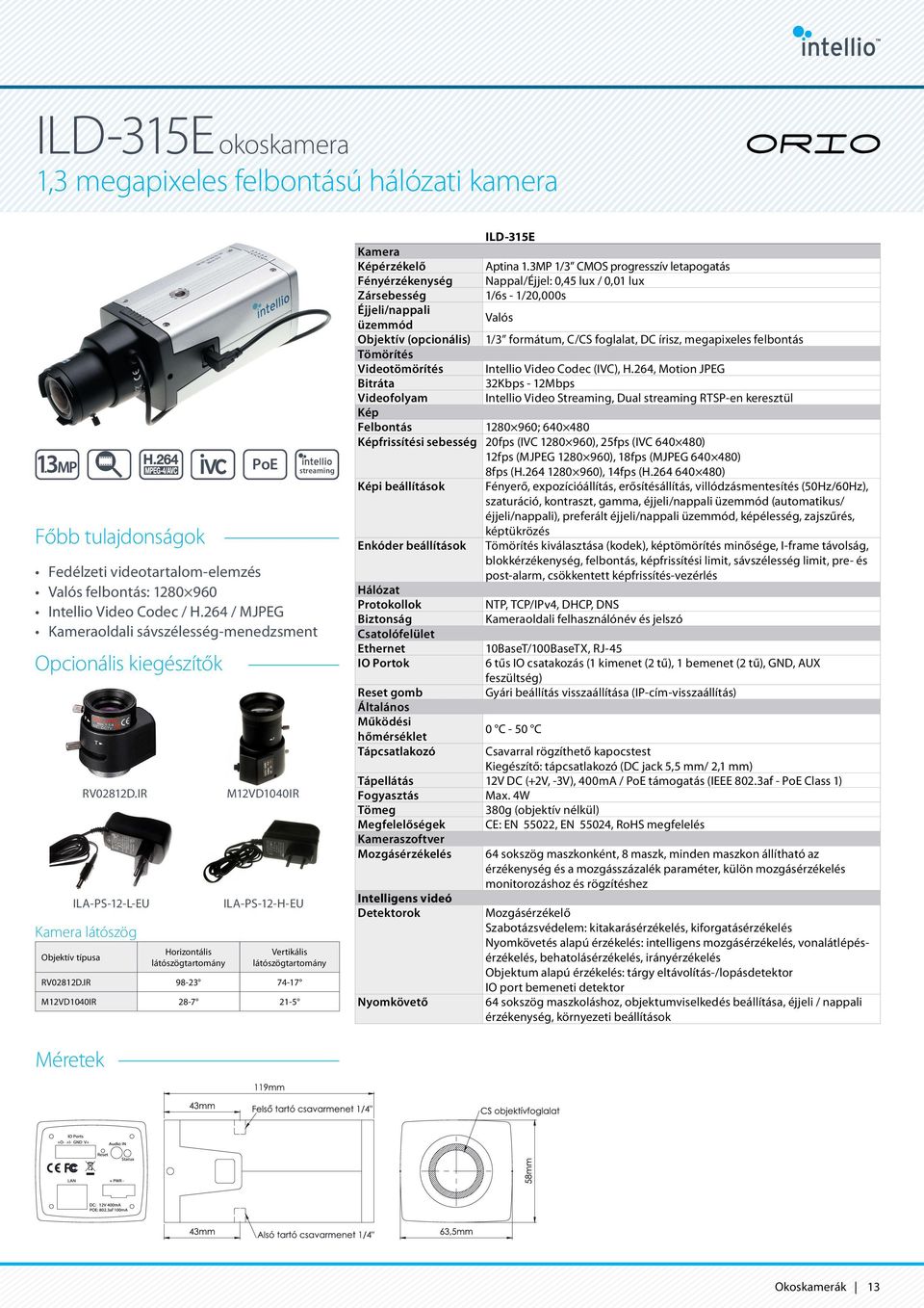 IR ILA-PS-12-L-EU Kamera látószög Objektív típusa Horizontális PoE M12VD1040IR ILA-PS-12-H-EU streaming Vertikális RV02812D.IR 98-23 74-17 M12VD1040IR 28-7 21-5 ILD-315E Kamera Képérzékelő Aptina 1.