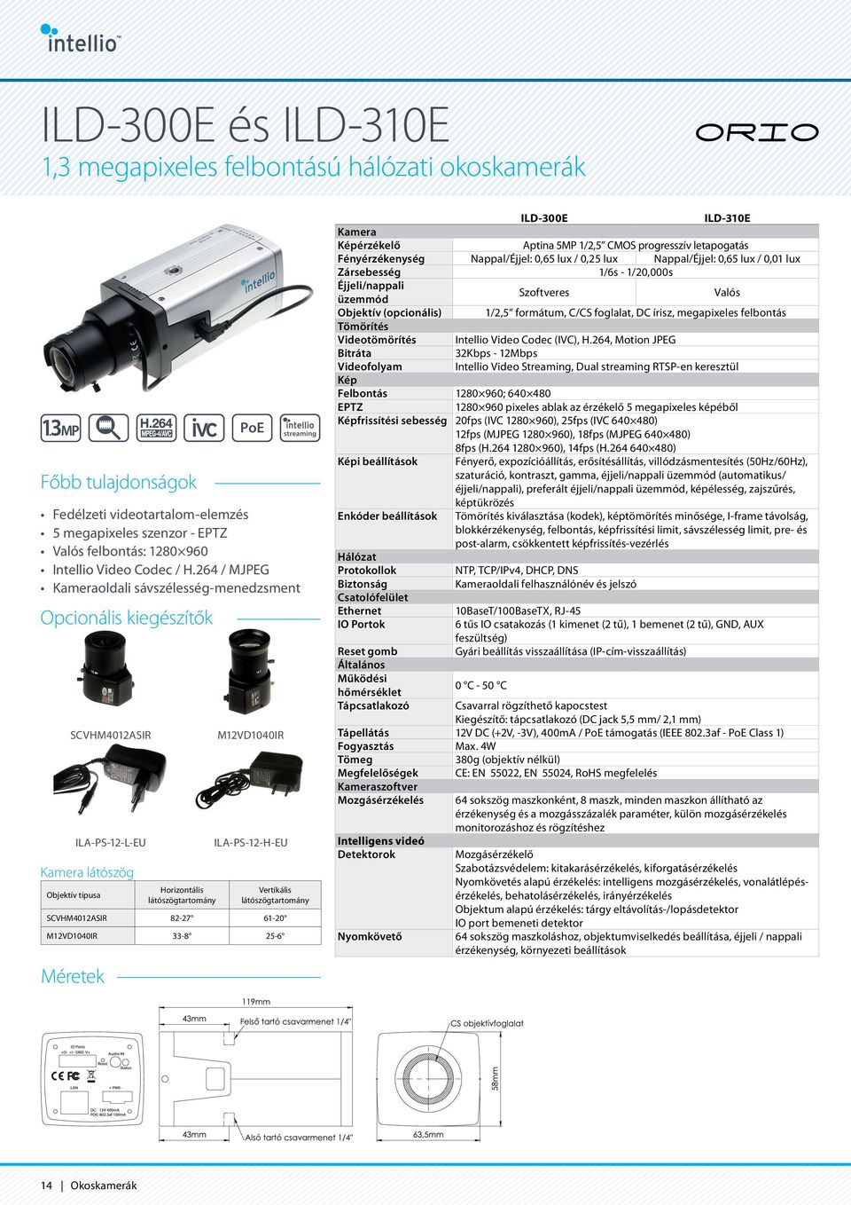 Vertikális SCVHM4012ASIR 82-27 61-20 M12VD1040IR 33-8 25-6 ILD-300E ILD-310E Kamera Képérzékelő Aptina 5MP 1/2,5 CMOS progresszív letapogatás Fényérzékenység Nappal/Éjjel: 0,65 lux / 0,25 lux