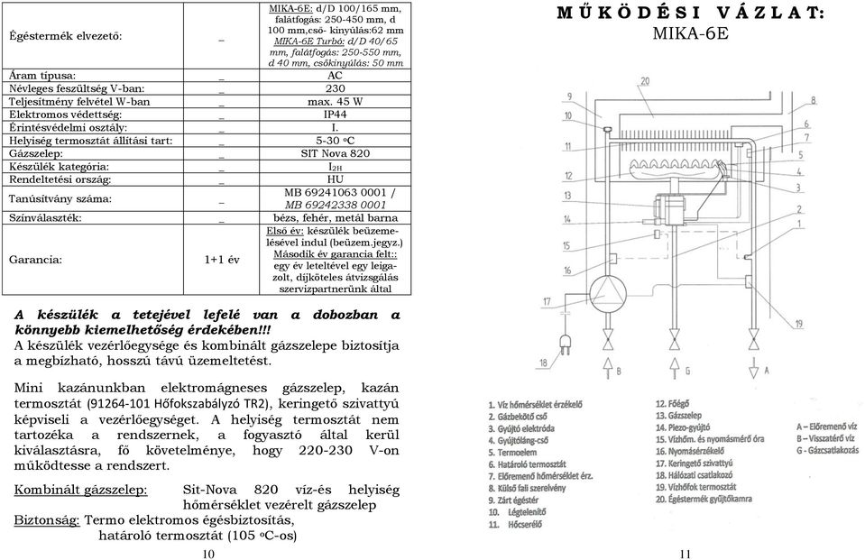 Helyiség termosztát állítási tart: _ 5-30 o C Gázszelep: _ SIT Nova 820 Készülék kategória: _ I2H Rendeltetési ország: _ HU Tanúsítvány száma: _ MB 69241063 0001 / MB 69242338 0001 Színválaszték: _