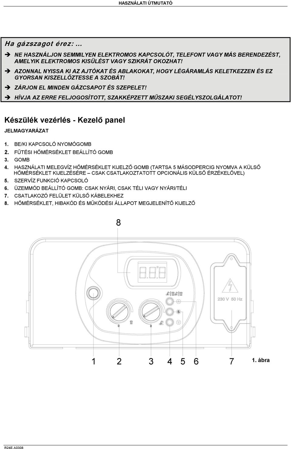 HÍVJA AZ ERRE FELJOGOSÍTOTT, SZAKKÉPZETT MŰSZAKI SEGÉLYSZOLGÁLATOT! Készülék vezérlés - Kezelő panel JELMAGYARÁZAT 1. BE/KI KAPCSOLÓ NYOMÓGOMB 2. FŰTÉSI HŐMÉRSÉKLET BEÁLLÍTÓ GOMB 3. GOMB 4.