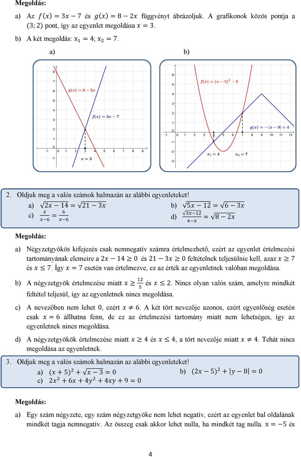 a) 2x 14 = 21 3x b) 5x 12 = 6 3x c) = 8 2x = d) a) Négyzetgyökös kifejezés csak nemnegatív számra értelmezhető, ezért az egyenlet értelmezési tartományának elemeire a 2x 14 0 és 21 3x 0 feltételnek