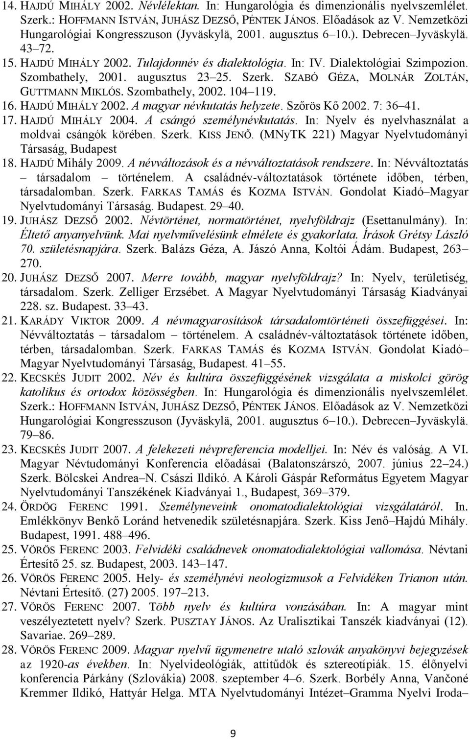 Szombathely, 2001. augusztus 23 25. Szerk. SZABÓ GÉZA, MOLNÁR ZOLTÁN, GUTTMANN MIKLÓS. Szombathely, 2002. 104 119. 16. HAJDÚ MIHÁLY 2002. A magyar névkutatás helyzete. Szőrös Kő 2002. 7: 36 41. 17.