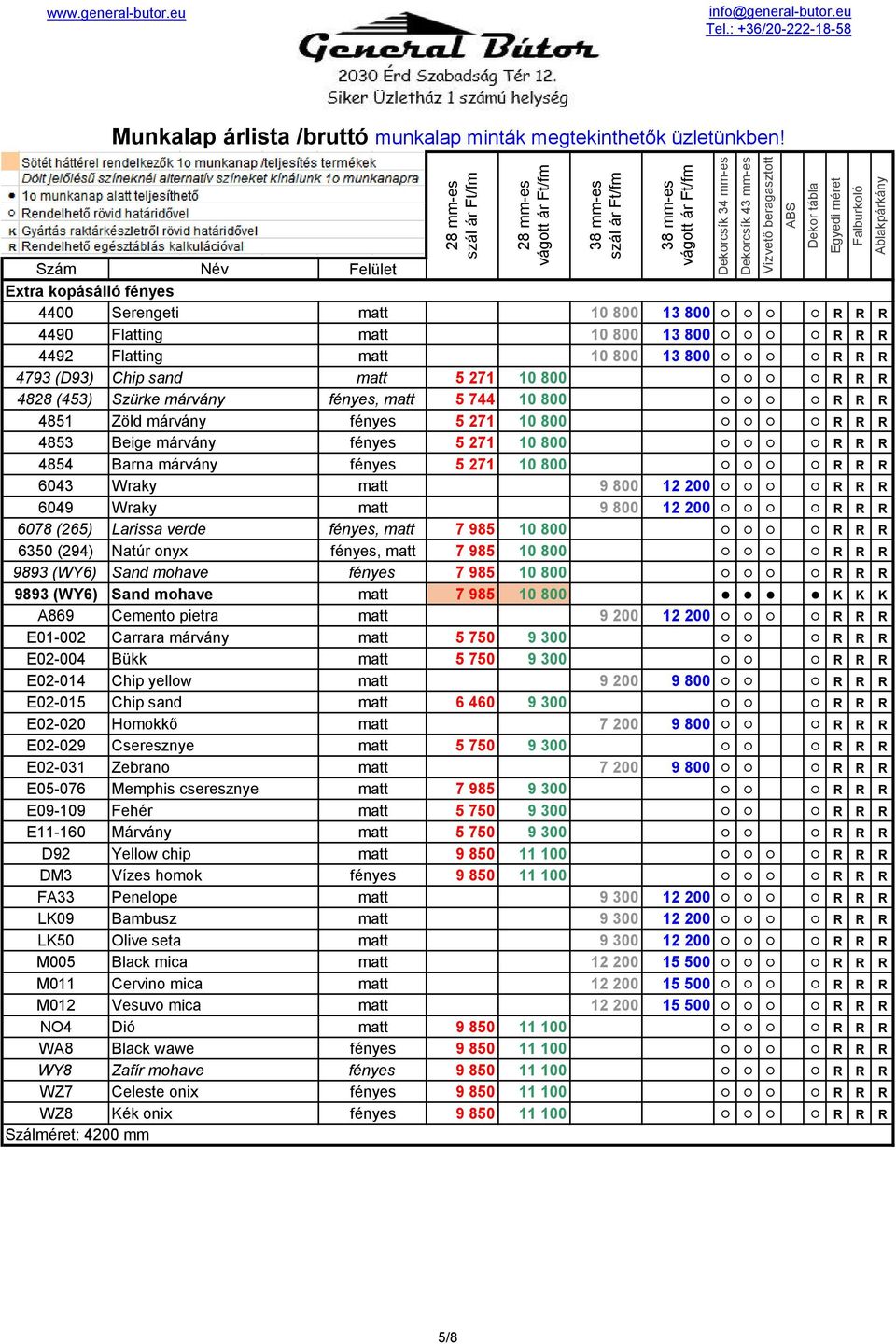 Wraky matt 9 800 12 200 R R R 6078 (265) Larissa verde fényes, matt 7 985 10 800 R R R 6350 (294) Natúr onyx fényes, matt 7 985 10 800 R R R 9893 (WY6) Sand mohave fényes 7 985 10 800 R R R 9893