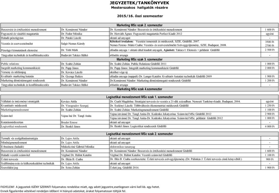 Pataki László oktató ad anyagot Vezetés és szervezetelmélet SalgóNemes Károly Kötelező irodalom: Vezetési ismeretek és módszerek, SZIE, Gödöllő, 2007.