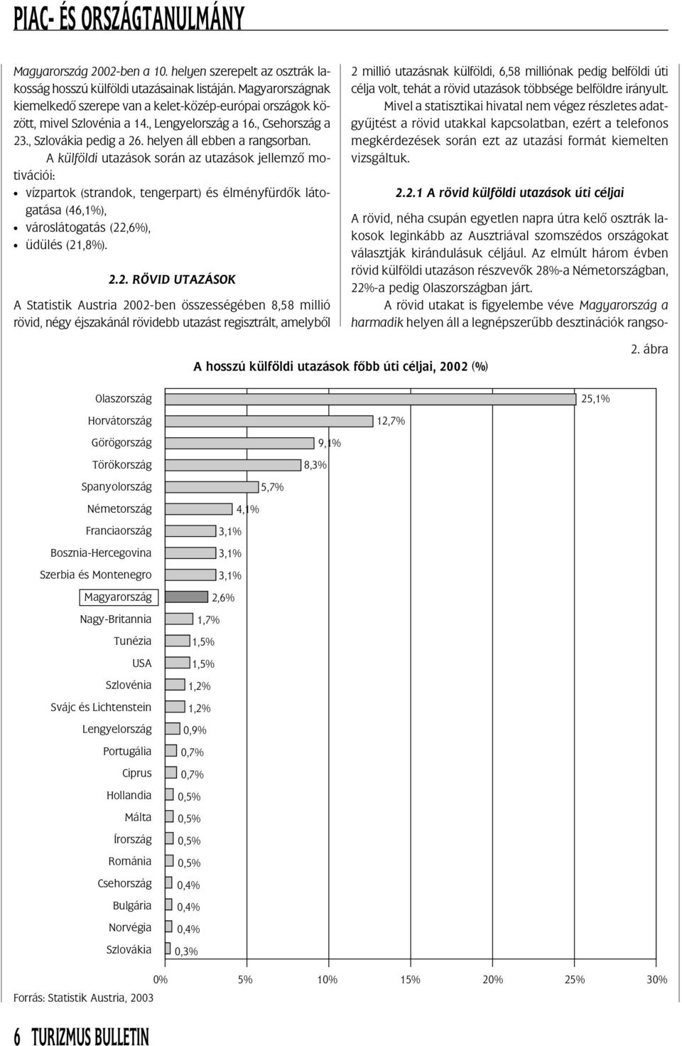 A külföldi utazások során az utazások jellemzõ motivációi: vízpartok (strandok, tengerpart) és élményfürdõk látogatása (46,1%), városlátogatás (22