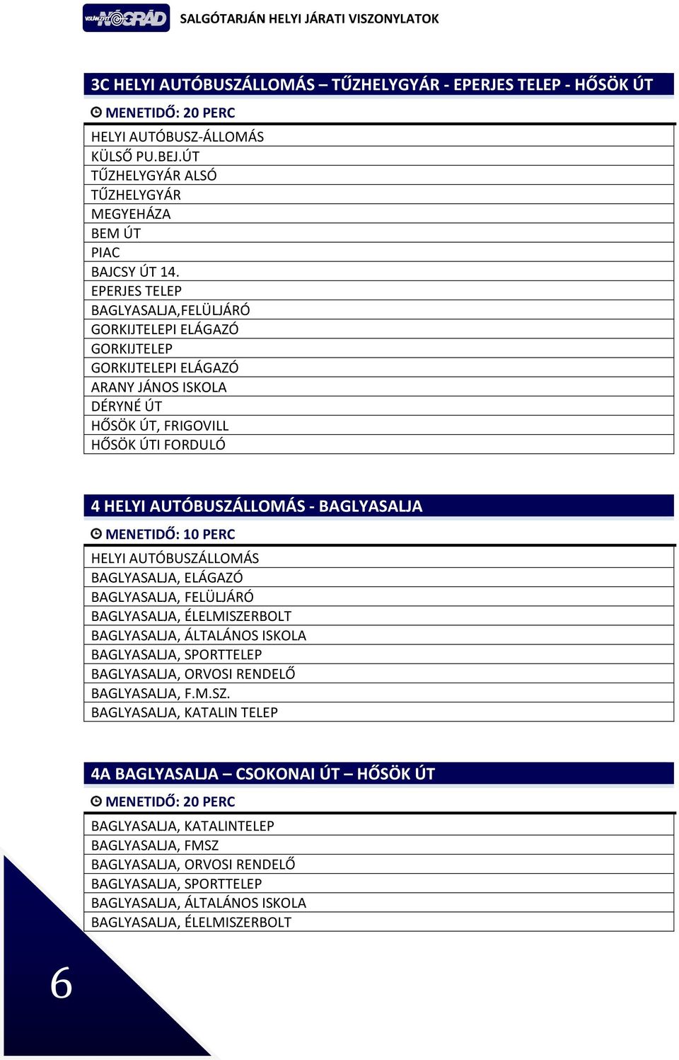 MENETIDŐ: 10 PERC BAGLYASALJA, ELÁGAZÓ BAGLYASALJA, FELÜLJÁRÓ BAGLYASALJA, ÉLELMISZERBOLT BAGLYASALJA, ÁLTALÁNOS ISKOLA BAGLYASALJA, SPORTTELEP BAGLYASALJA, ORVOSI RENDELŐ