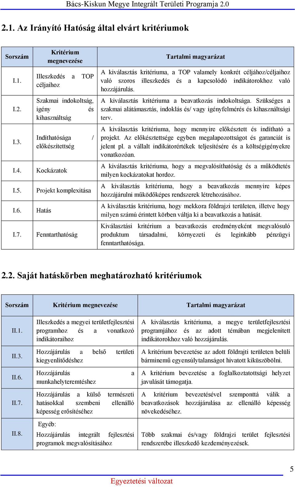 A kiválasztás kritériuma, a TOP valamely konkrét céljához/céljaihoz való szoros illeszkedés és a kapcsolódó indikátorokhoz való hozzájárulás. A kiválasztás kritériuma a beavatkozás indokoltsága.