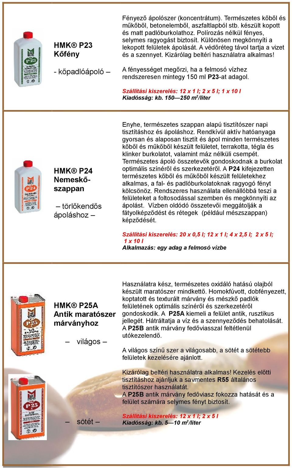 A fényességet megőrzi, ha a felmosó vízhez rendszeresen mintegy 150 ml P23-at adagol. Kiadósság: kb.