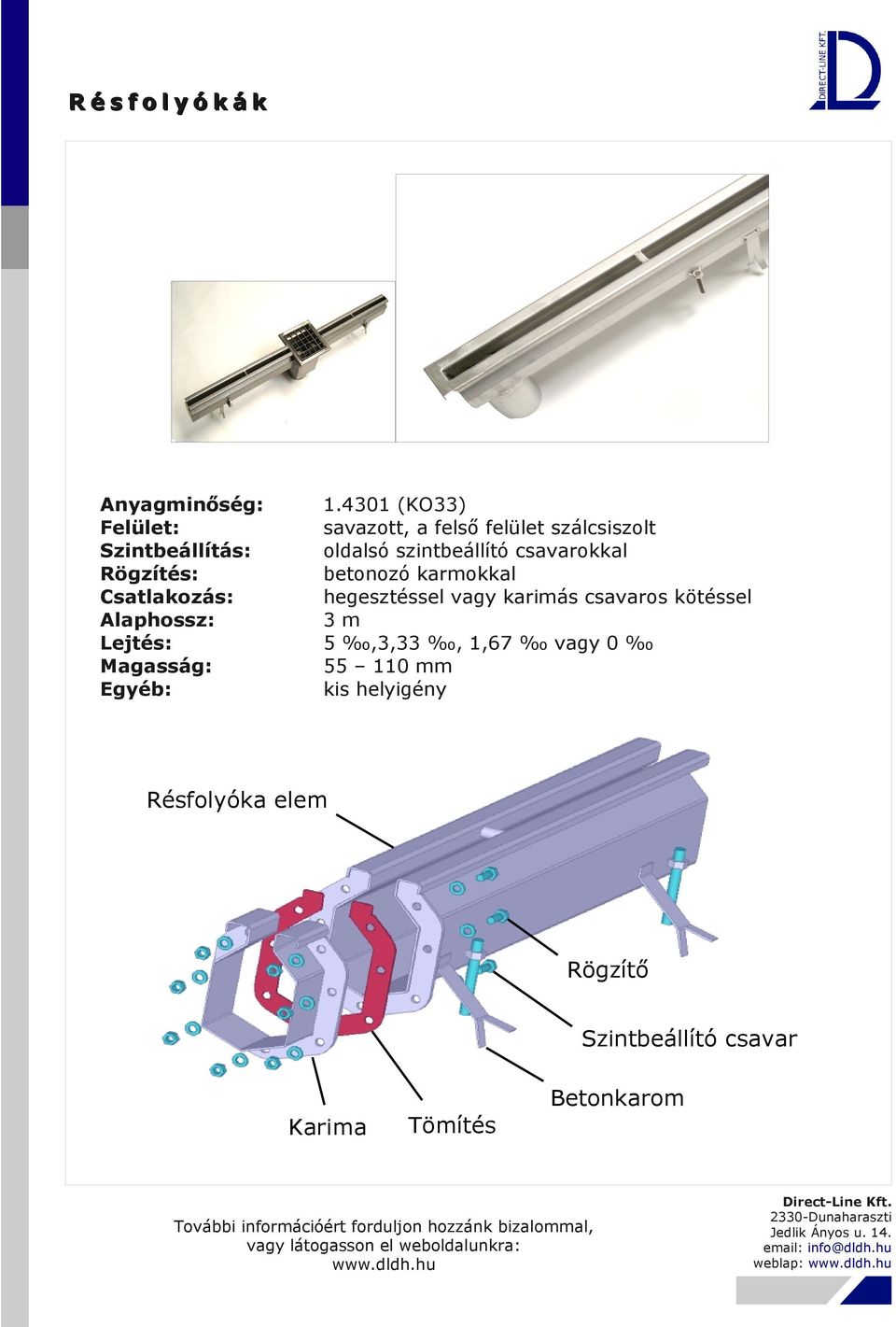 4301 (KO33) savazott, a felső felület szálcsiszolt oldalsó szintbeállító csavarokkal betonozó