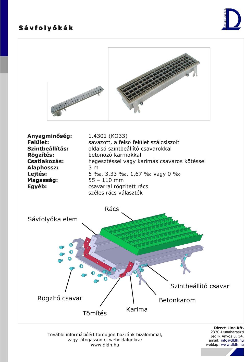 4301 (KO33) savazott, a felső felület szálcsiszolt oldalsó szintbeállító csavarokkal betonozó karmokkal