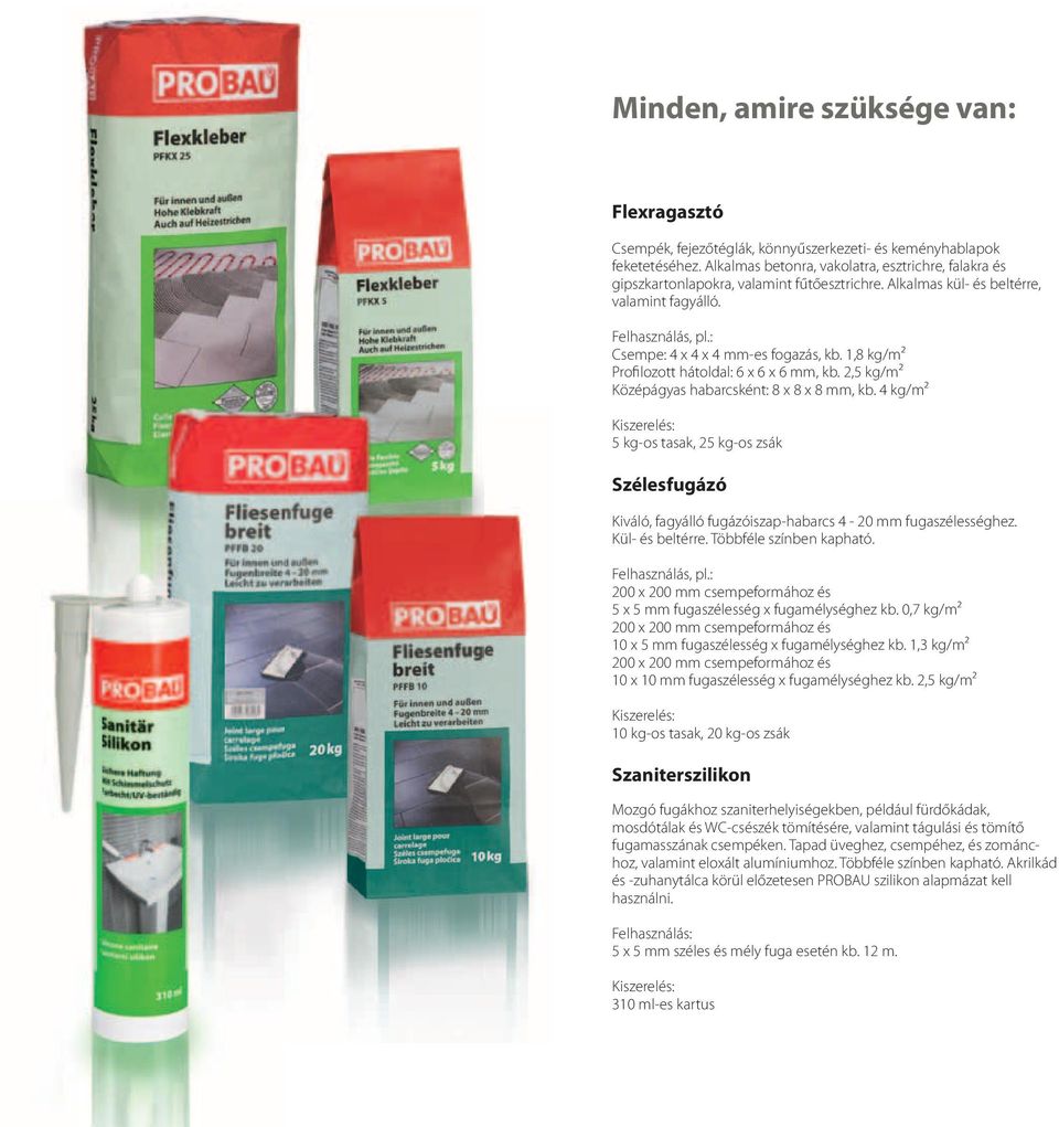 1,8 kg/m² Profilozott hátoldal: 6 x 6 x 6 mm, kb. 2,5 kg/m² Középágyas habarcsként: 8 x 8 x 8 mm, kb.