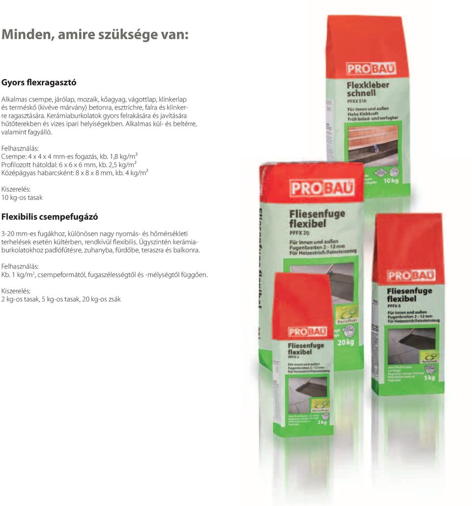 1,8 kg/m² Profilozott hátoldal: 6 x 6 x 6 mm, kb. 2,5 kg/m² Középágyas habarcsként: 8 x 8 x 8 mm, kb.