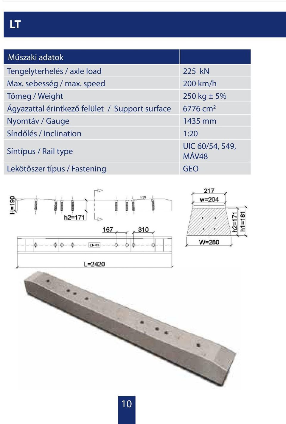 Support surface 6776 cm 2 Nyomtáv / Gauge 1435 mm Síndőlés / Inclination