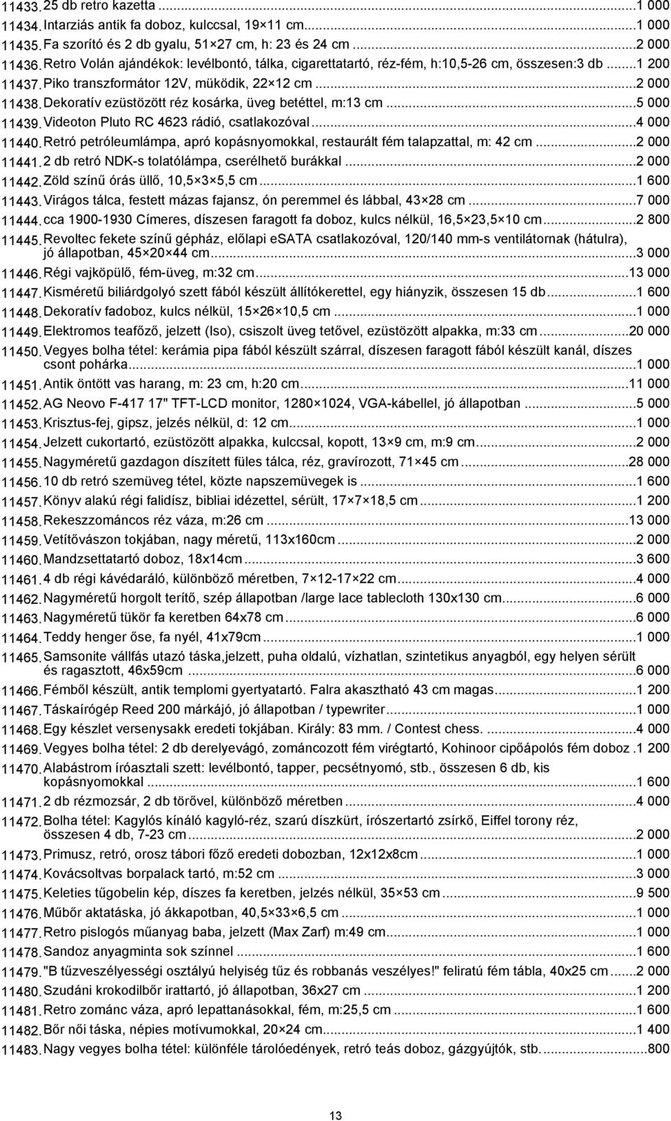 Dekoratív ezüstözött réz kosárka, üveg betéttel, m:13 cm...5 000 11439.Videoton Pluto RC 4623 rádió, csatlakozóval...4 000 11440.