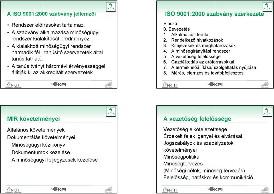 ISO 9001:2000 szabvány szerkezete Előszó 0. Bevezetés 1. Alkalmazási terület 2. Rendelkező hivatkozások 3. Kifejezések és meghatározások 4. A minőségirányítási rendszer 5. A vezetőség felelőssége 6.