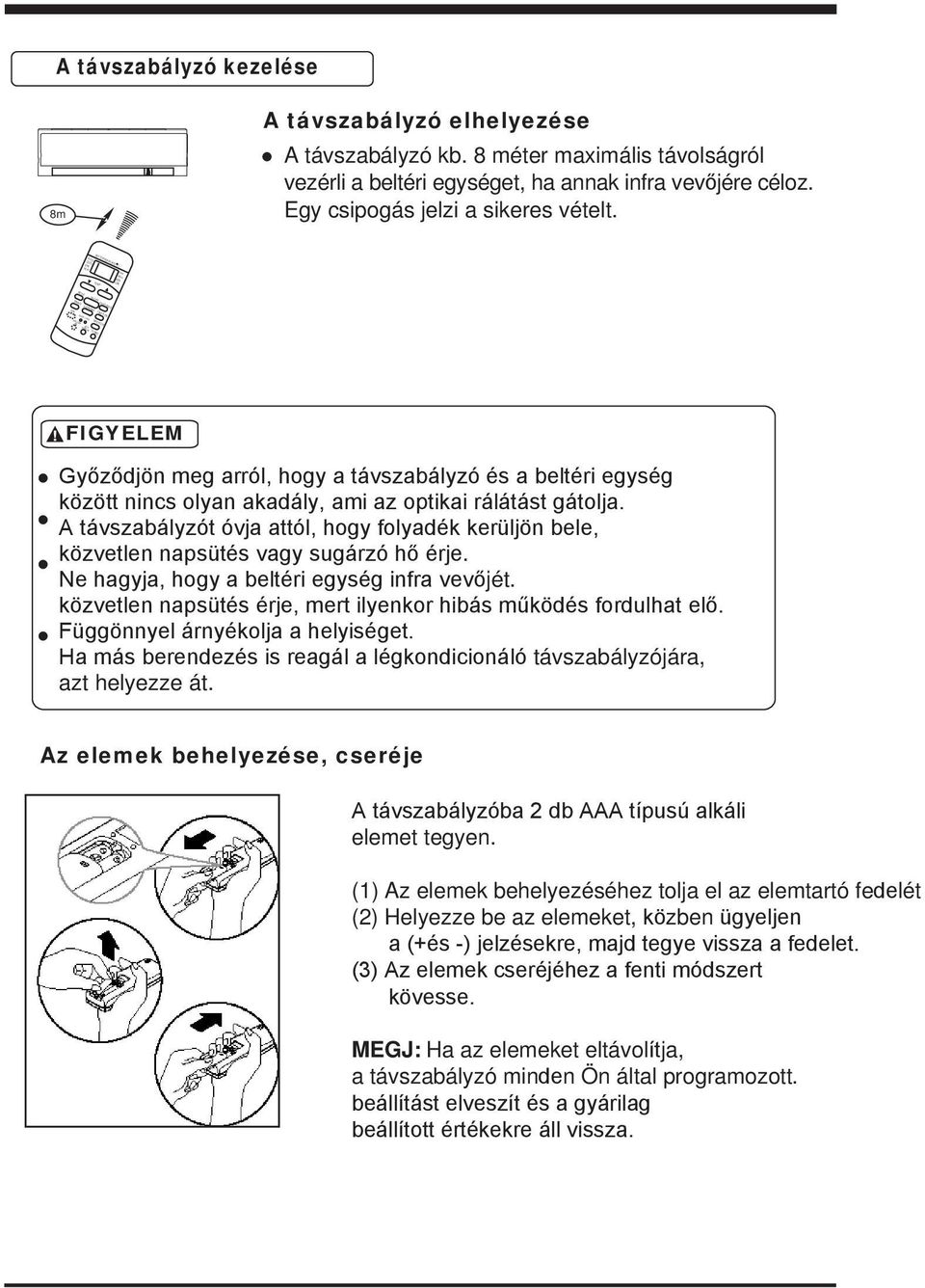 SET TEMPERATURE( C) MODE FAN SPEED SWING TIMER ON FIGYELEM Győződjön meg arról, hogy a távszabályzó és a beltéri egység között nincs olyan akadály, ami az optikai rálátást gátolja.